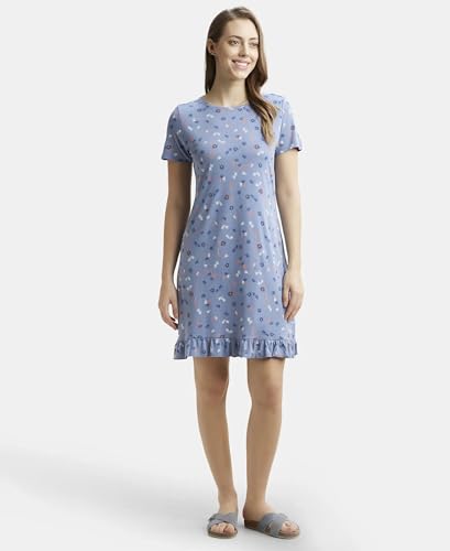 Image of Jockey RX25 Women Micro Modal Cotton Ruffled Hem Styled Half Sleeve Printed Sleep Dress (Colors & Prints May Vary)