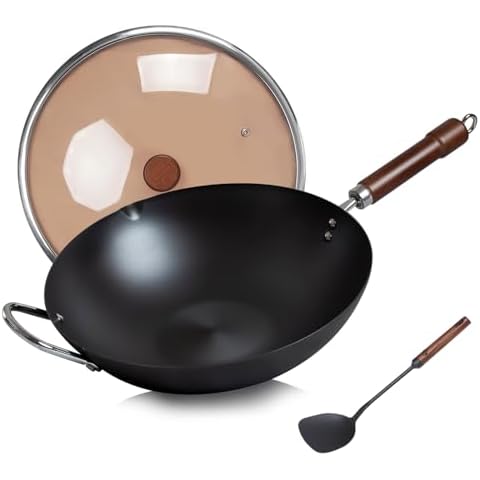 WANGYUANJI Carbon Steel 13.4" Woks with Traditional Iron Spatula Cover