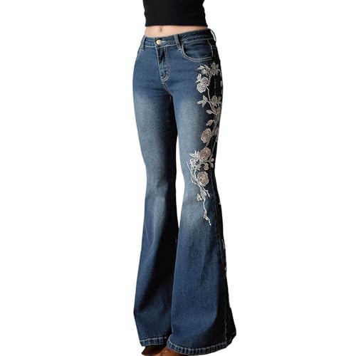 Pantalones vaqueros acampanados con bordado floral estilo boho