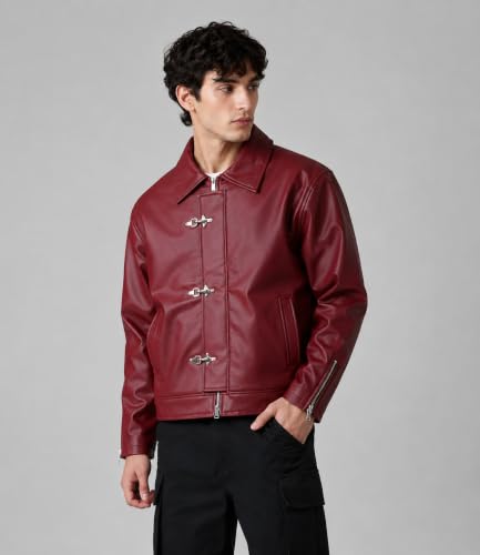 Image of Men Burgundy Faux Leather Oversized Jacket with Metal Clasp Fireman Buckle