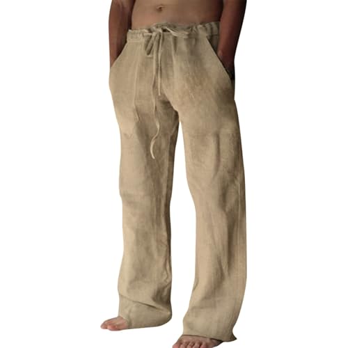 Puimentiua Leinenhose Herren,Lang Leichte Sommerhose,Sommer Leinen Hosen,Loose Fit Baumwollehosen mit Tunnelzug und Taschen (Kaffee,L)