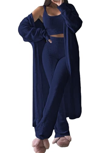 Image of Fixmatti Women's Fuzzy 3 Piece Sweatsuit Open Front Cardigan Crop Tank Tops Wide Legs Pants Lounge Sets