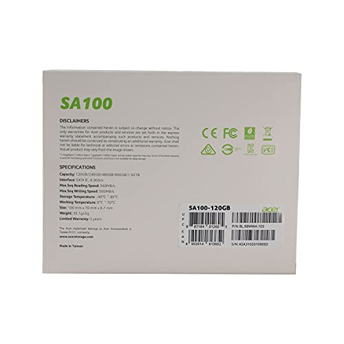 Image of Acer SA100 120GB 3D NAND SATA 2.5 inch (6.35cm) Internal SSD-561MB /s R, 474MB /s W Speed