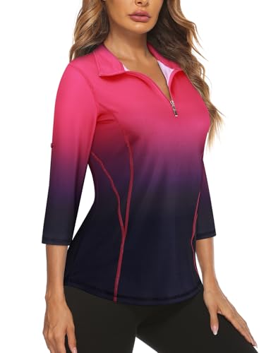 Misyula Style Womens Golf Shirt 3/4 Roll Sleeve Quarter Zip Dry Fit Tennis Shirts Athletic Tops S-2XL
