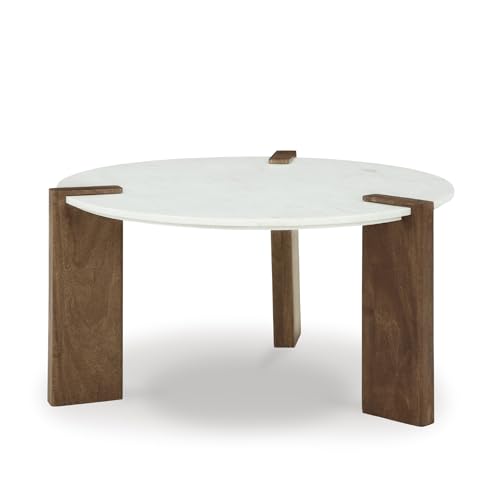 Signature Design by Ashley Isanti Modern Coffee Table with Marble Top, White & Light Brown