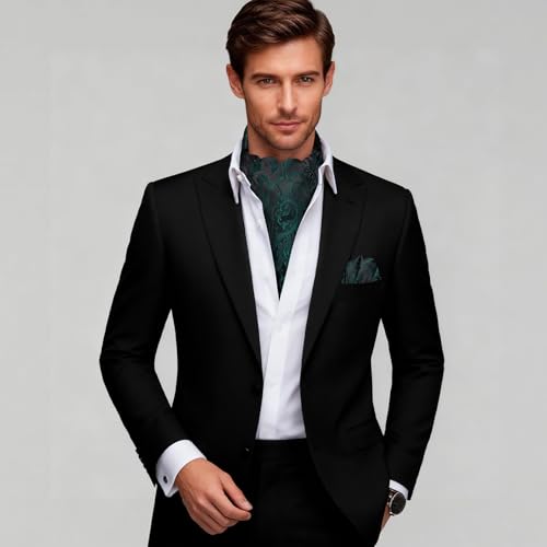 Image of Hi-Tie Silk Ascot for Men Self Tie Men's Cravat and Flower Lapel Pin Handkerchief Cufflinks Set for Wedding Party
