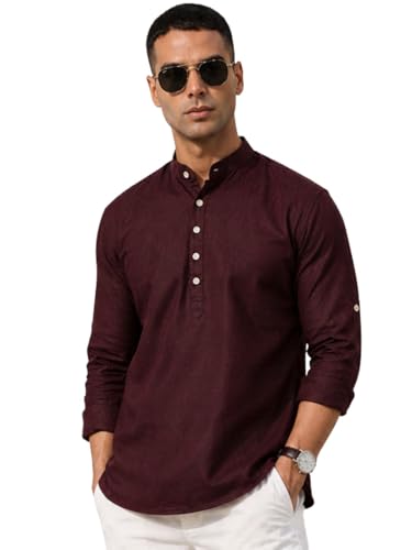 Image of Majestic Man Men's Pure Cotton Solid Mandarin Collar Slim Fit Roll-Up Sleeves Short Kurta Lightweight Summer Kurta for Daily & Occasion Use