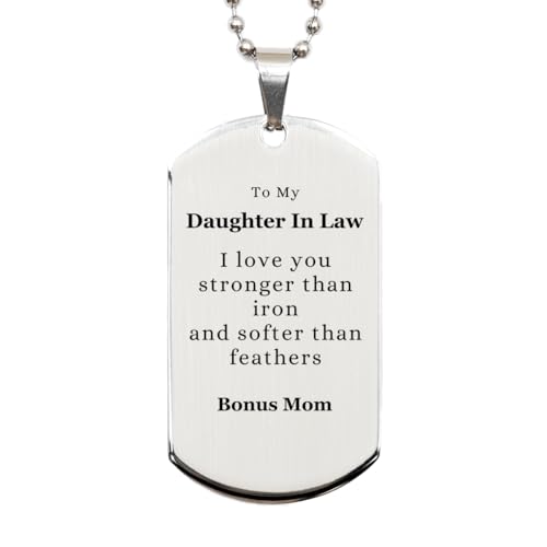 Daughter In Law Silver Dog Tag Engraved Inspirational Gifts for Birthday, Graduation, Christmas - Always Here for You, Love Bonus Mom