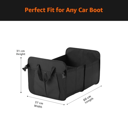 Image of Amazon Basics Car Boot Organizer with 2 Large Compartments & 2 Pockets| Foldable 600D Oxford Storage Box with Securing Straps (Black, 60 x 37 x 31cm)