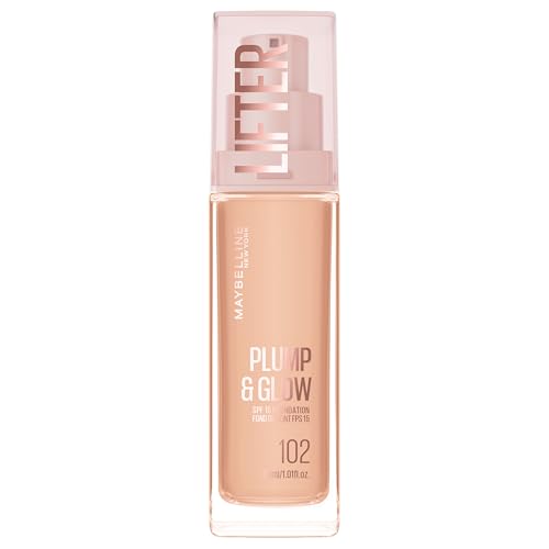 Maybelline New York Foundation with SPF20, Lifter Plump & Glow Foundation, All Day Wear, Buildable and Radiant Coverage, Plump and Brighter Skin Overtime, Shade: 102