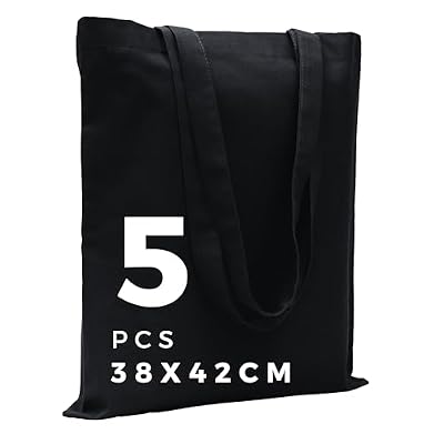 POLHIM® Borse in tessuto non stampate 38x42 cm 145g/m2. Borsa in cotone versatile e duratura come borsa a mano e borsa per il trasporto, 5 pezzi (Nero)