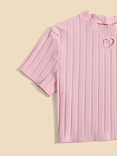 SHENHE Girl's 2 Piece Mock Neck Short Sleeve Crop Tops Heart Embroidery Cutout Ribbed T Shirts3