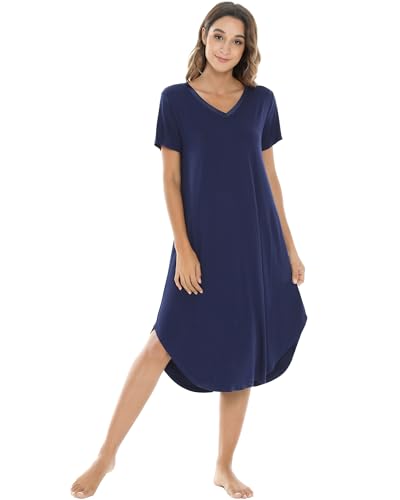 Image of NACHILA Nightgowns for Women-Viscose Made from Bamboo, V Neck Sleepshirts Short Sleeve Sleepwear Cool Nightshirt