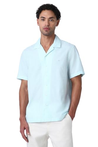 Image of Peter England Men's Casual Half Sleeve Resort Collar Shirt in 100% Cotton Seersucker with Striped Design