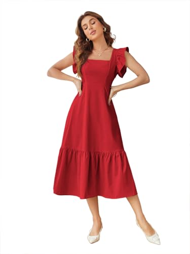 Image of Shasmi Girl's & Women's Solid Color Square Neck, Ruffle-Trimmed Hem Sleeveless, Ruffle Armhole and Casual Dress with Cinched Waist Vacation Outfits Woman (Dress 162)