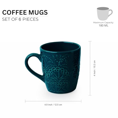 Image of ExclusiveLane 'Teal Forest' Ceramic Coffee Mugs Set of 6 (Set of 6, Each Mug : 180 ml, Microwave & Dishwasher Safe, Hand-Glazed) | Ceramic Mugs for Coffee Cup Tea Mug & Cup Mugs for Milk