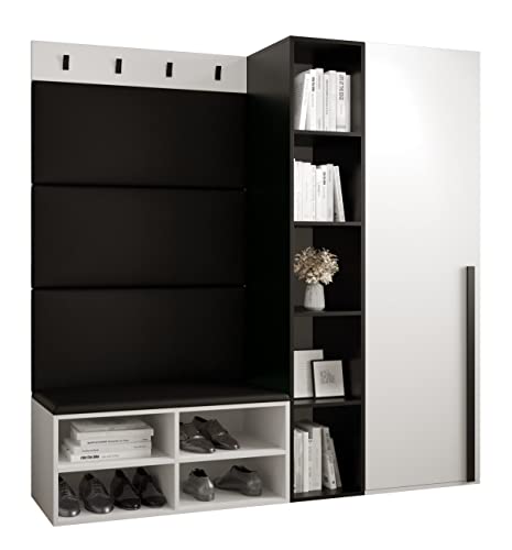 MEBLE KRYSPOL Garderobe MIRO Set 1 mit gepolsterten Paneelen Modern Design (schwarzes Öko-Leder, Weiß Matt + Schwarz Matt)