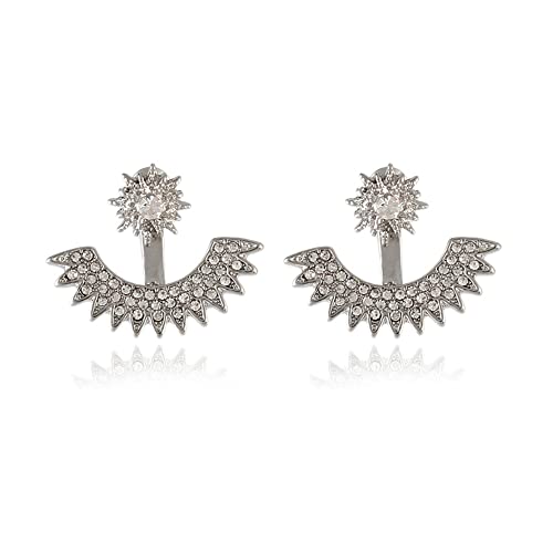 Jumwrit Starburst Earrings: Spike Ear Jacket & Dangle Earrings in Silver with Rhinestone Stones