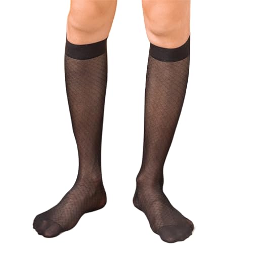 Elegant Mens Sheer Pattern Dress Socks See Through Nylon Business Formal Wear Thin Long Tube Over The Calf Socks Men's Diamond mesh mid-Length Stockings