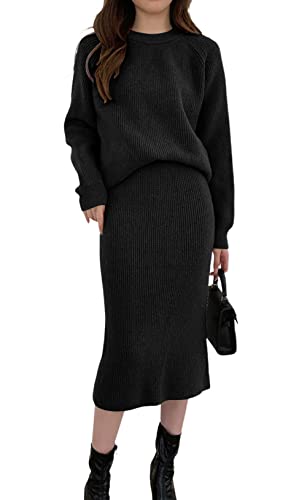 Image of chouyatou Women's Two Piece Sweater Skirt Sets Knit Sweater Top Bodycon Skirt 2 Piece Outfits