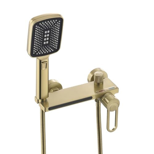XJTNLB Robinet de Baignoire avec Douchette Mitigeur Douche Or Brossé, Mitigeur Cascade Baignoire Robinet Bain Douche Mural en Laiton