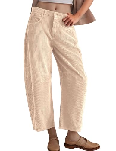 Flygo Womens Corduroy Pants Mid Rise Corduroy Barrel Pants Wide Leg Elastic Waist Cord Pants Casual Baggy Trousers(Beige-L)