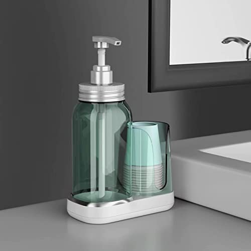 Luvan Mouthwash Dispenser for Bathroom, Refillable Mouth Washer Container with Cup Holder, Plastic Mouthwash Pump Bottle, Mouthwash Decanter for Countertop, 8 Paper Cups Included-Light Blue
