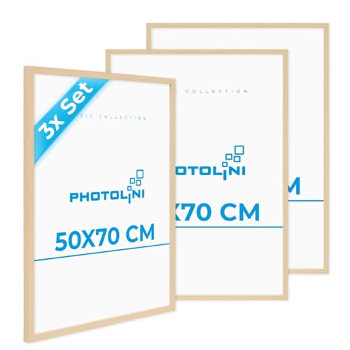 PHOTOLINI Marcos 50x70 cm madera MDF natural, set de 3 marcos para pósteres, cristal acrílico, para colgar, incluye accesorios - para fotos, láminas y pósteres