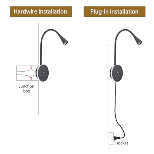 Image of Book Lights for Reading at Night, LED Wall Mounted Reading Light, Flexible Gooseneck Wall Lamps for Bedroom, Plug in Wall Lights with USB Charging, Bedside Wall Sconces Focused Bed Lamp (Black)