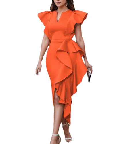 ONTINVA Women's Flutter Sleeve V-Neck Ruffle Hem Sleeveless Party Short Dress Irregular High Split Dresses