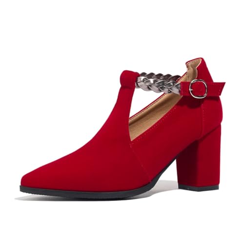 NOWNIN Women's Cut Buckle Strap Ankle Boots Pointed Toe Chunky Block Heel Suede Booties Solid Color Fashion Wedding Sexy Dress Shoes