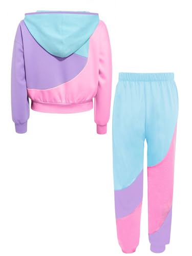 TiaoBug Kids Girls Long Sleeve Color Block Hoodie with Sweatpants 2 Piece Tracksuit Casual Streetwear4