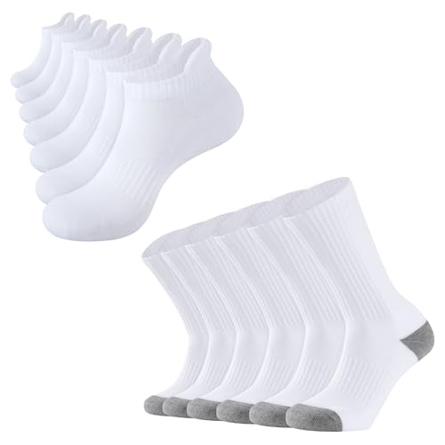 CLOSEMATE 6 Pairs Mens Cushioned Crew Socks (US Mens Size 9-12) and 7 Pairs Mens Ankle Running Socks (US Mens Size 12-15)
