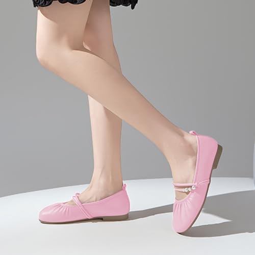 FOWT Women Round Toe Mary Janes Pearl Comfortable Flat Pumps Daily Street Work Outfit Shoes Size 4-16 US2