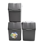 Sorting Waste Bin Recycling Dustbin 20L Black White Grey Stackable Set of 3 Bins for Home Office School (Grey, 3x20L)