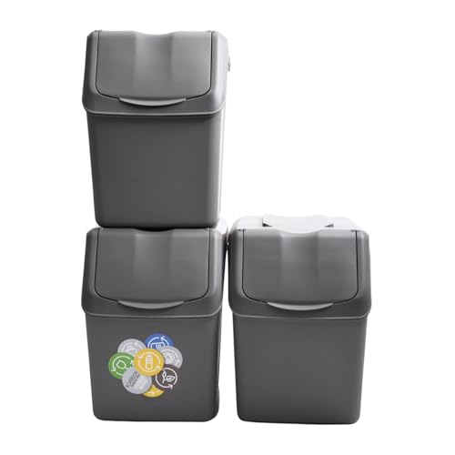 Sorting Waste Bin Set Recycling Segregation Stackable Lidded Handle 3 Colours Black Grey Ashen Flap Lid 20L 25L 35L (3pcs x 20 Litre, Grey)