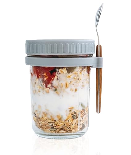 Image of Overnight Oats Containers with Lids and Spoons 350 ml Glass Mason Jars for Overnight Oats Leak Proof Oatmeal Container Great for Cereal Fruit Vegetable Milk Salad Yogurt (random color) (1)