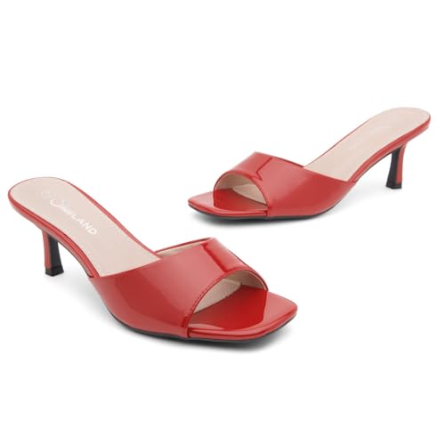 Image of Shoe Land Women's Low Heels Stiletto Heeled Slides, Open Toe One Band Slip-On Heeled Mules - Dressy Heeled Sandals for Prom, Party Wedding and Vacation