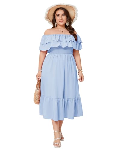 Image of KOJOOIN Women Plus Size Off Shoulder Maxi Dress Ruffle Flowy Casual Summer Boho Long Dresses