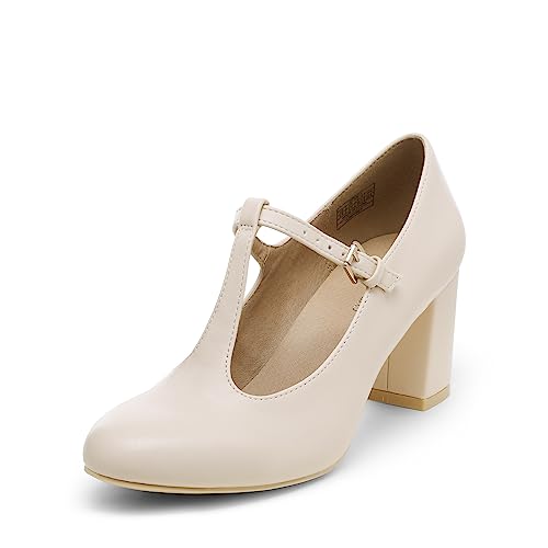 DREAM PAIRS Low Chunky Heels for Women T-Strap Mary Jane Pumps Wedding Dress Shoes 5.5 Nude/Pu