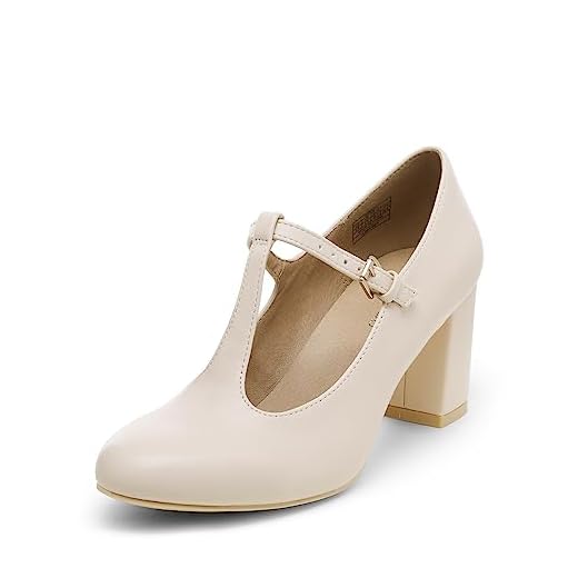 DREAM PAIRS Low Chunky Heels for Women DPU211 T-Strap Mary Jane Pumps Closed Toe Wedding Dress Shoes Nude PU Size 8
