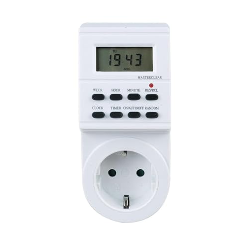 Temporizador electrónico alemán de una semana con enchufe en color blanco. Perfecto para programar tus dispositivos eléctricos y optimizar el uso de energía en el hogar.