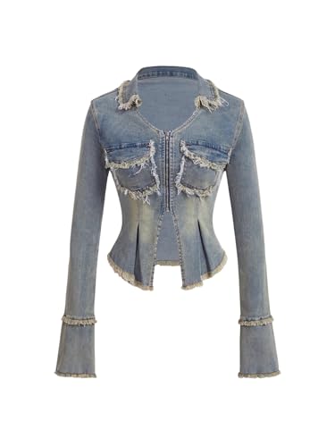 Floerns Women's Y2k Denim Jacket Long Sleeve Zip Up Raw Trim Split Concert Jacket Coats