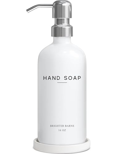 White Glass Hand Soap Dispenser Bathroom Set by Brighter Barns - Bathroom Soap Dispenser Set with Ceramic Tray - Refillable Glass Bottle Pump - Modern Home Decor for Airbnb, Hotel, Restaurants (White)
