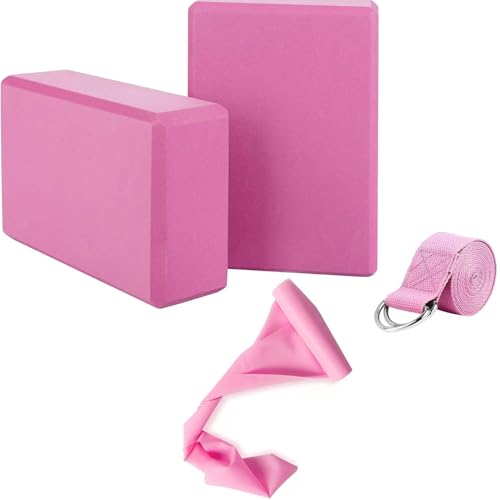 WY8 Yoga Blocks Set of 2 with Strap and Elastic Resistance Band EVA Foam Soft and Sturdy Non-Slip Lightweight Yoga Bricks for Balance, Stretching, Pilates, Meditation, and Deep Flexible Poses