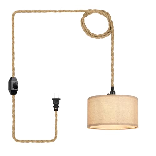 Image of Plug in Pendant Lights Fabric Hanging Lamp Kit with Dimmable Switch 15 Ft Long Hemp Rope Farmhouse Pndant Light Cord Lighting Fixture DIY Hanging Light