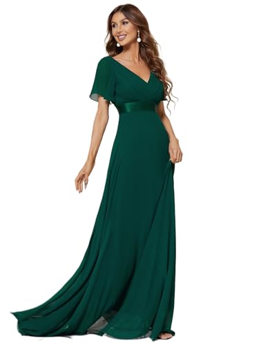 Ever-Pretty Abito da Sera Donna Stile Impero Linea ad A Scollo a V Maniche Corte Lungo Verde Scuro 46