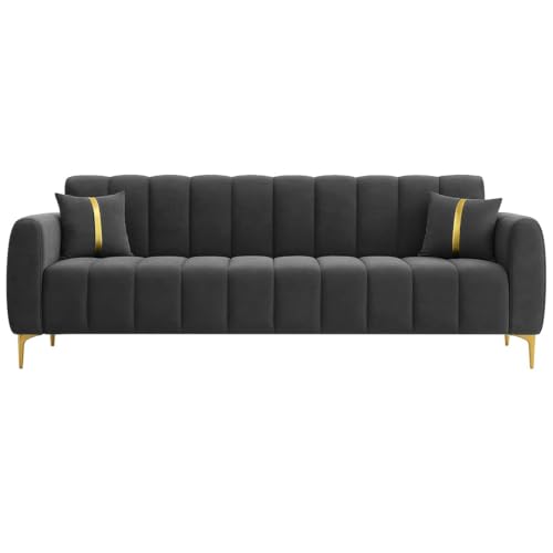 Image of FURNY Harmony 3 Seater Velvet Fabric Sofa Set (Dark Grey) with Golden Finish Legs & Premium Velvet Finish | Durable & Comfortable | Ideal for Living Room