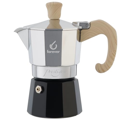 FOREVER Caffettiera Moka 1 Tazza Alluminio, Miss Moka Prestige Woody, Caffettiera Moka per Casa, Caffettiera Portatile per Viaggio, Tazze di Caffè, inclusa Guarnizione in Silicone