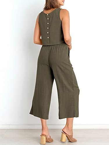 Image of ANRABESS Women's Summer 2 Piece Outfits Sleeveless Tank Crop Button Back Top Cropped Wide Leg Pants Set Pockets